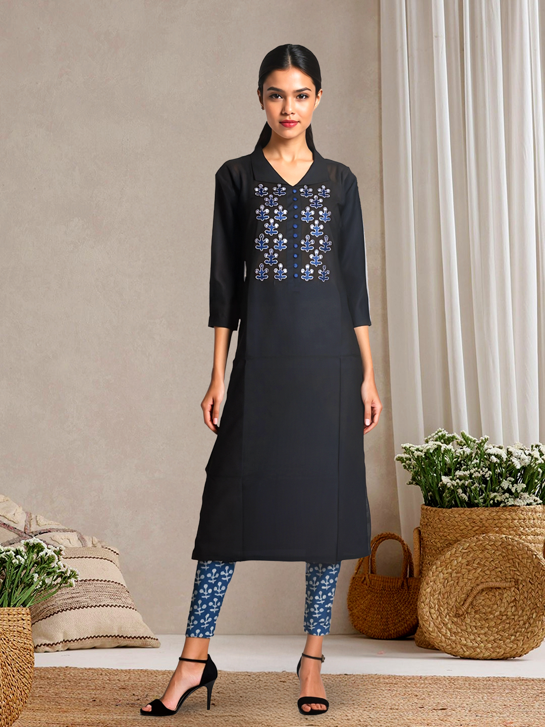 Picture of Black with Blue Straight Collar Kurta Pant Set